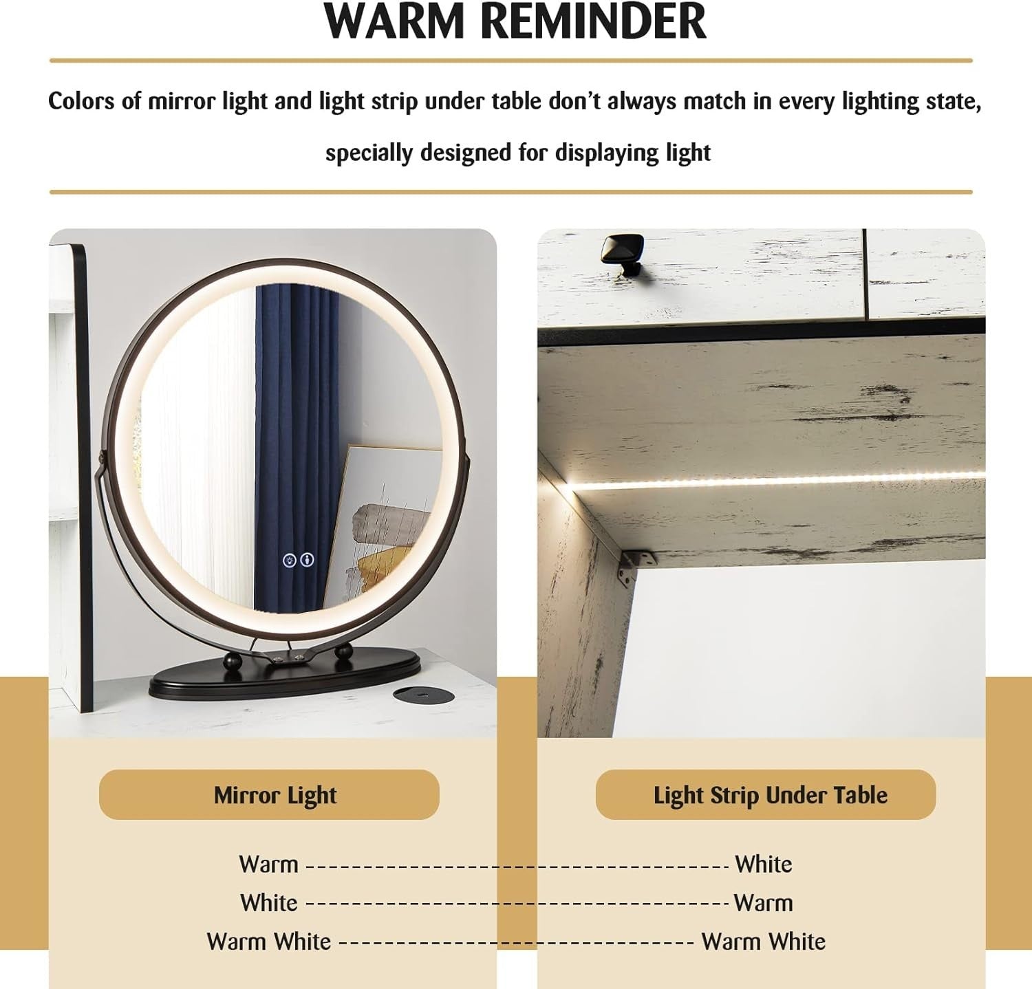 Vanity Desk Set w/LED Mirror & 3-Color Light, Charging Station, 2 Drawers, White