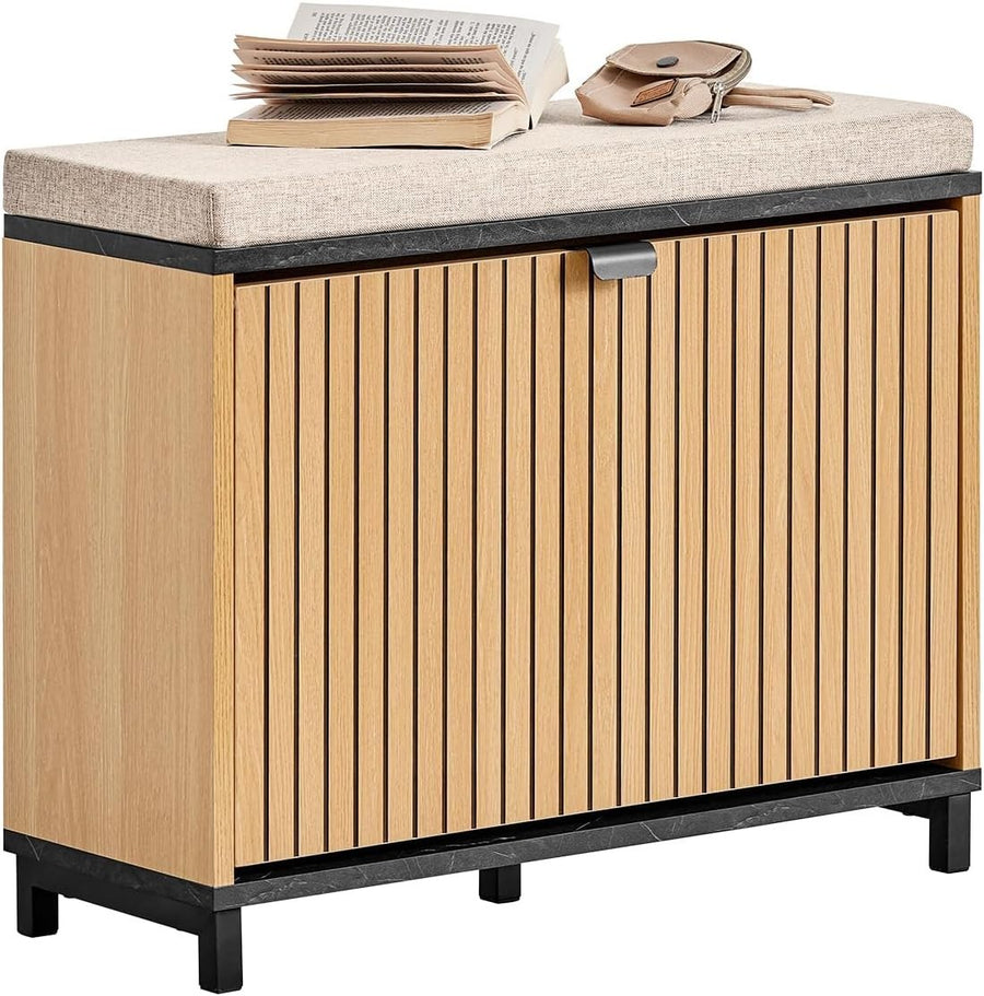 Compact Shoe Storage Bench with Padded Seat – Flip-Drawer Entryway Rack