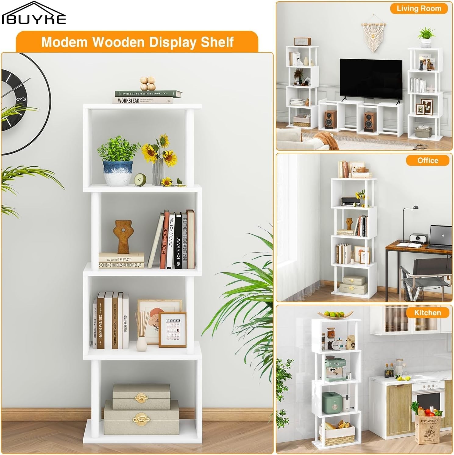 5 Tier S Shaped Bookcase White Modern Wood Display Storage Shelf 155cm