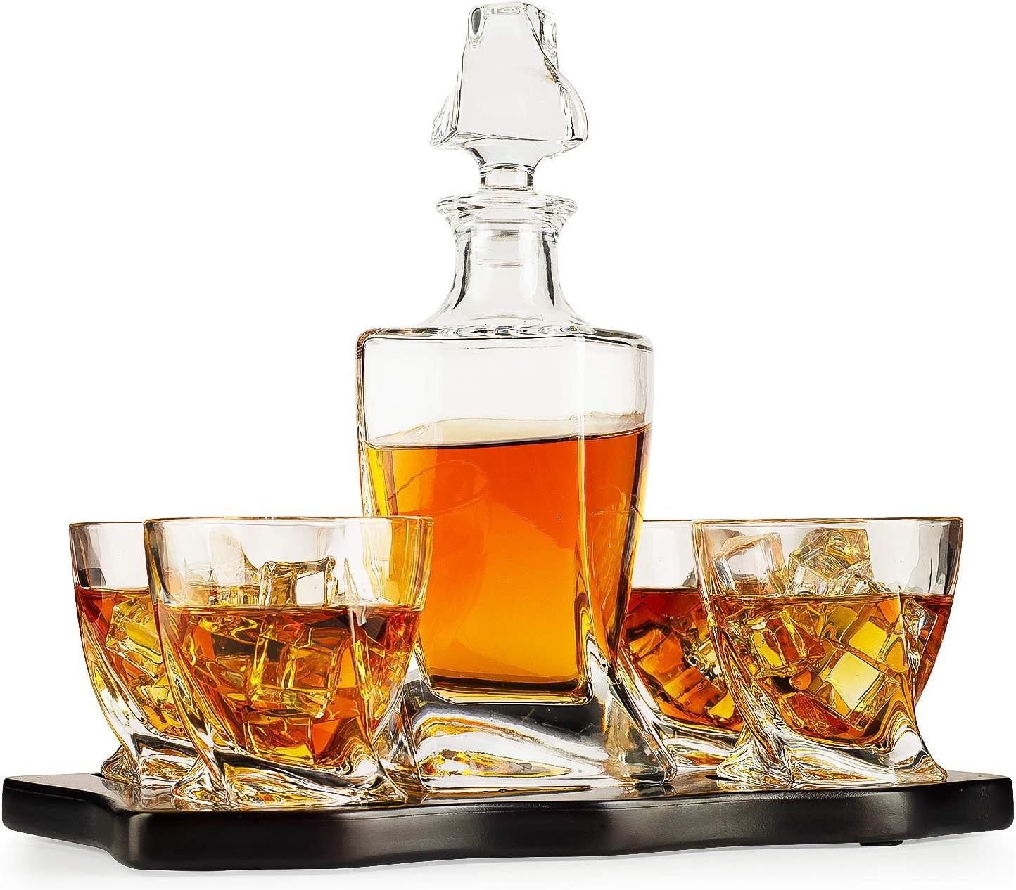 Luxury Crystal Whiskey Decanter Set 855ml with 4 Glasses & Wood Tray Gift