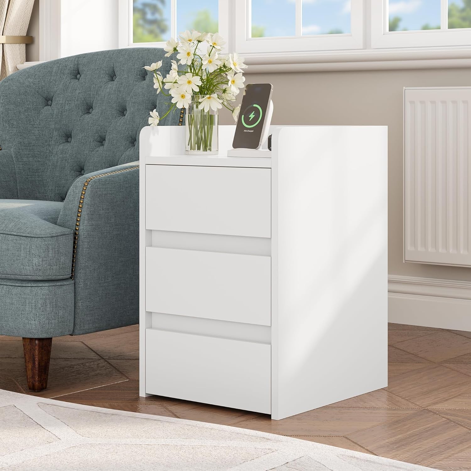 White Bedside Table with 3 Drawers & Power Station | Modern Nightstand 35×59cm