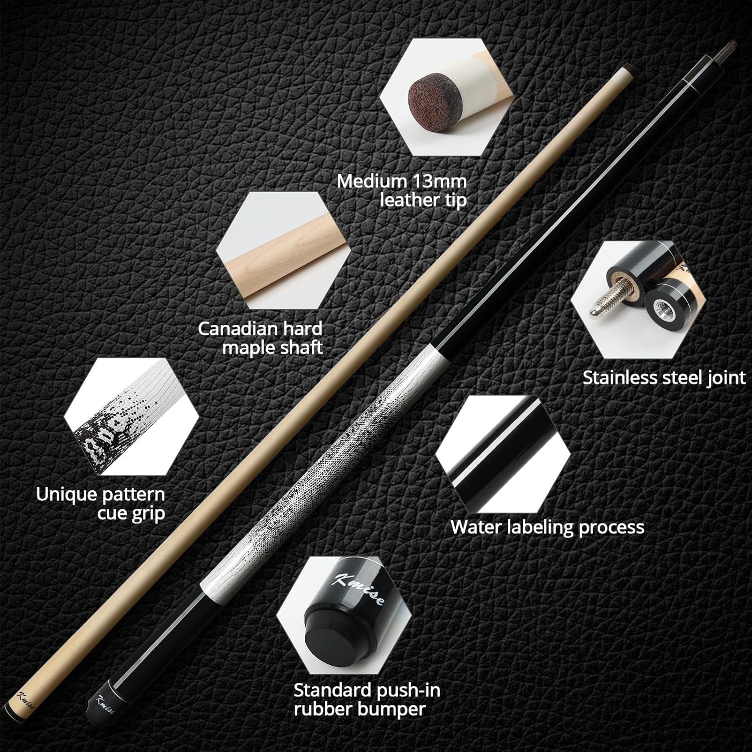 58in Low Deflection Pool Cue Maple Shaft 13mm Tip 3D Grip 19oz