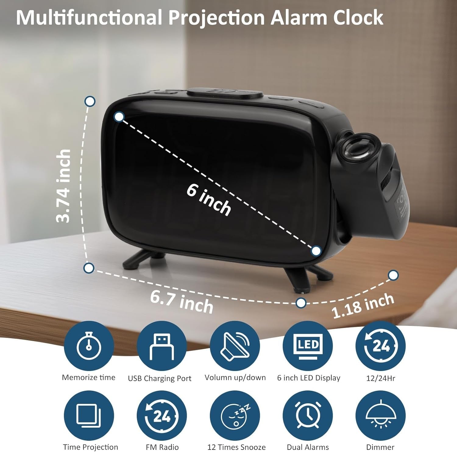 Projection Alarm Clock Large LED USB Charger Dual Alarm Snooze Dimmer