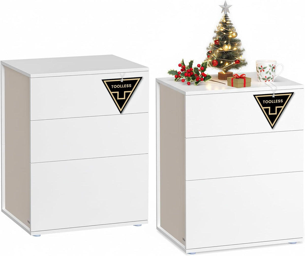 Set of 2 White Bedside Tables with 3 Drawers, Modern Minimalist Storage Units