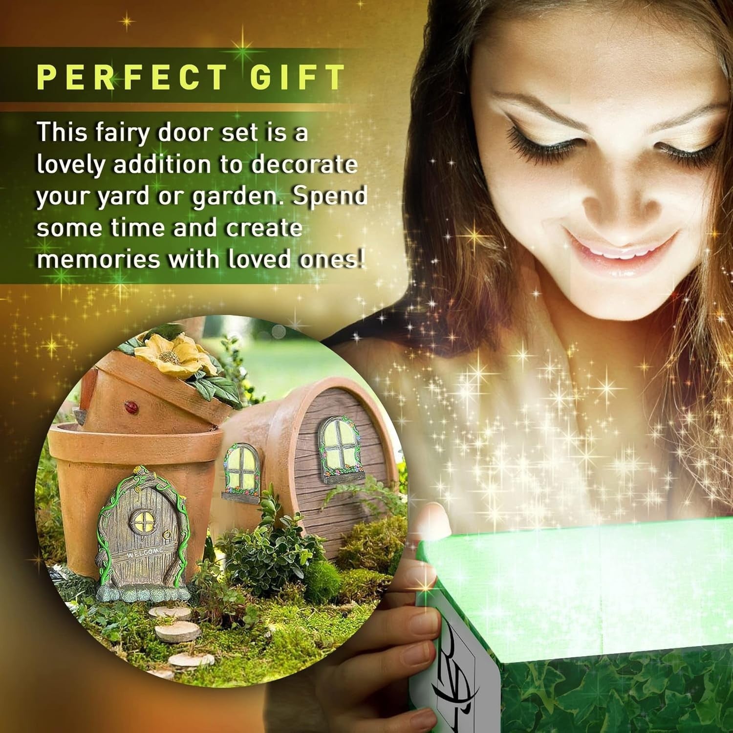 Fairy Door & Window Set Glow in Dark Garden Ornament Outdoor Resin Decor 4pcs