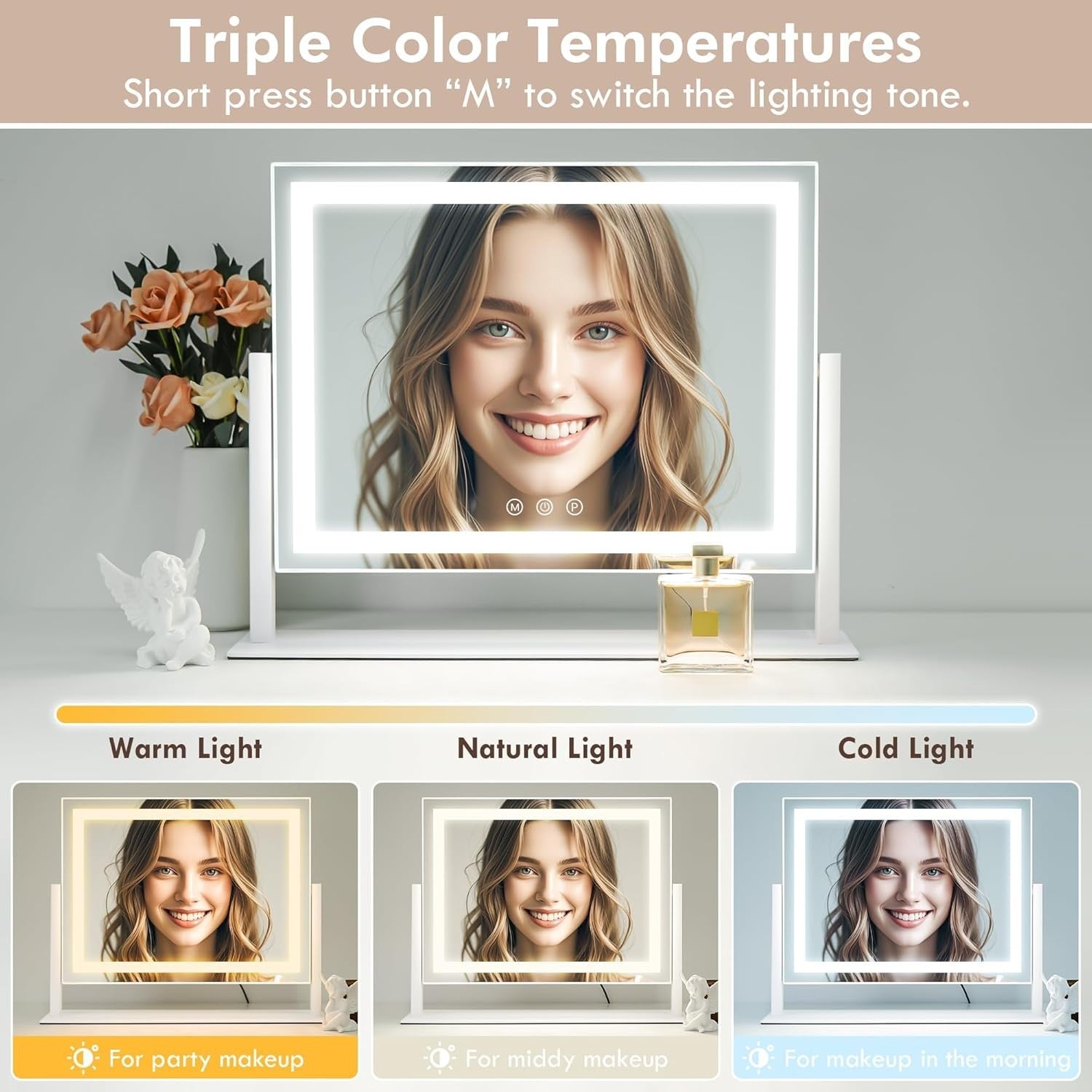 LED Vanity Mirror 40x30cm with Touch Dimming, 15X Magnification, 360°