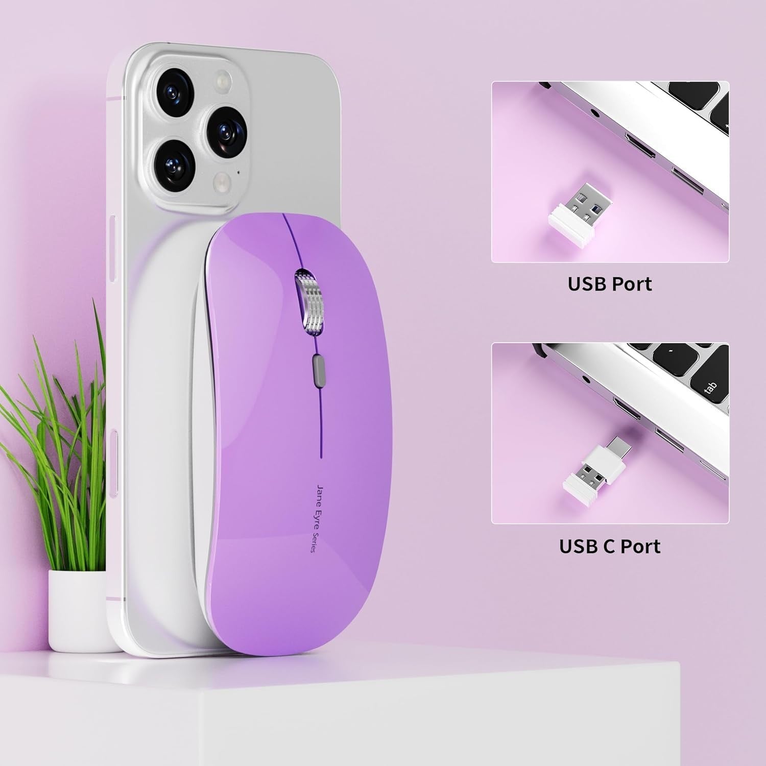 Portable Wireless Mouse Silent Rechargeable 2.4G 1600 DPI Purple