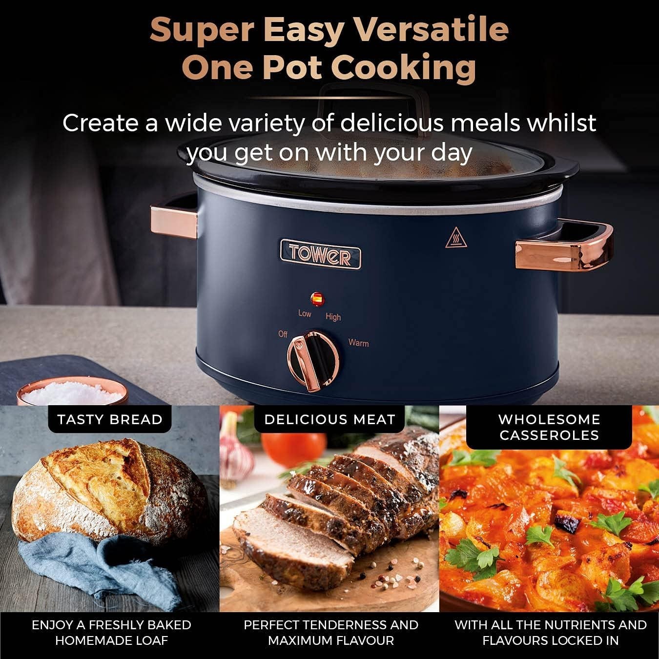 3.5L Electric Slow Cooker, 210W, 3 Heat Settings, Cool Touch Handles, Blue
