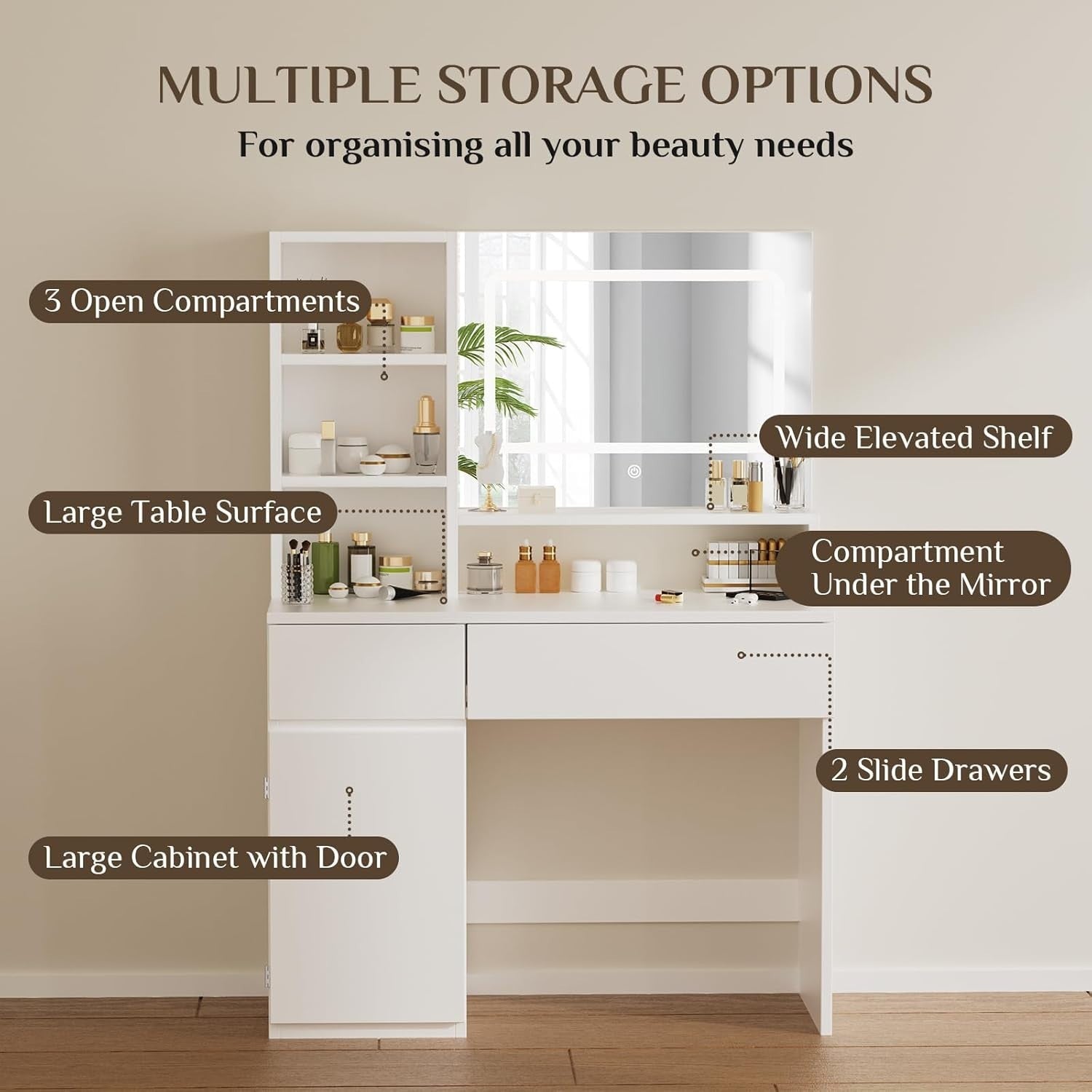 Modern LED Dressing Table Vanity Makeup Desk White 2 Drawers Storage Mirror