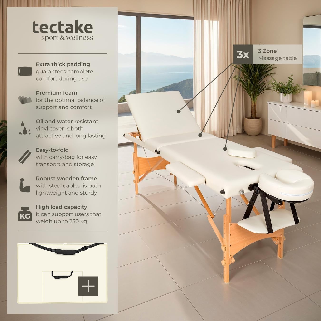 Portable 3 Zone Massage Table Foldable Therapy Beauty Bed 61cm Adjustable Beige