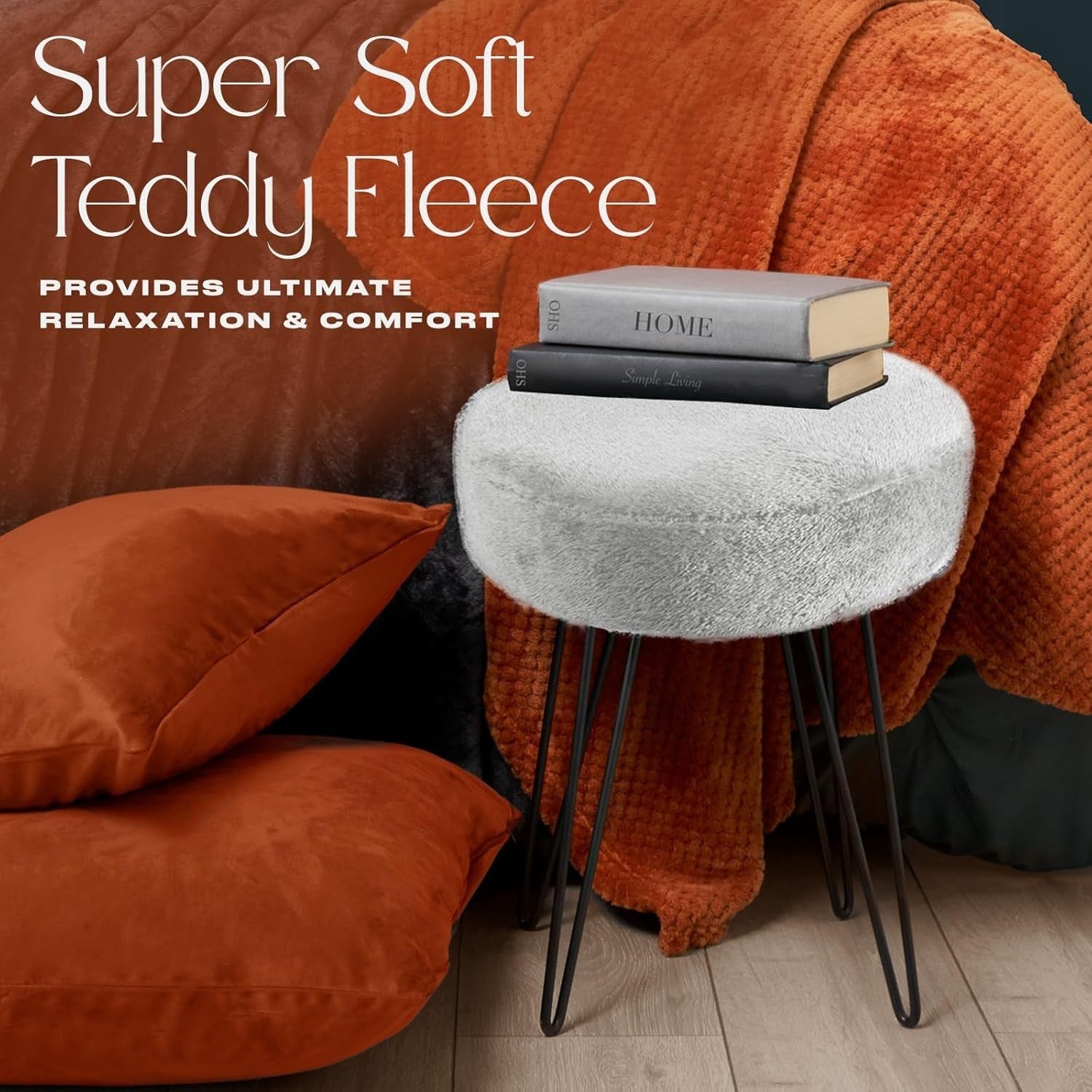 Grey Teddy Fleece Round Footstool Hairpin Leg Vanity Seat Pouffe