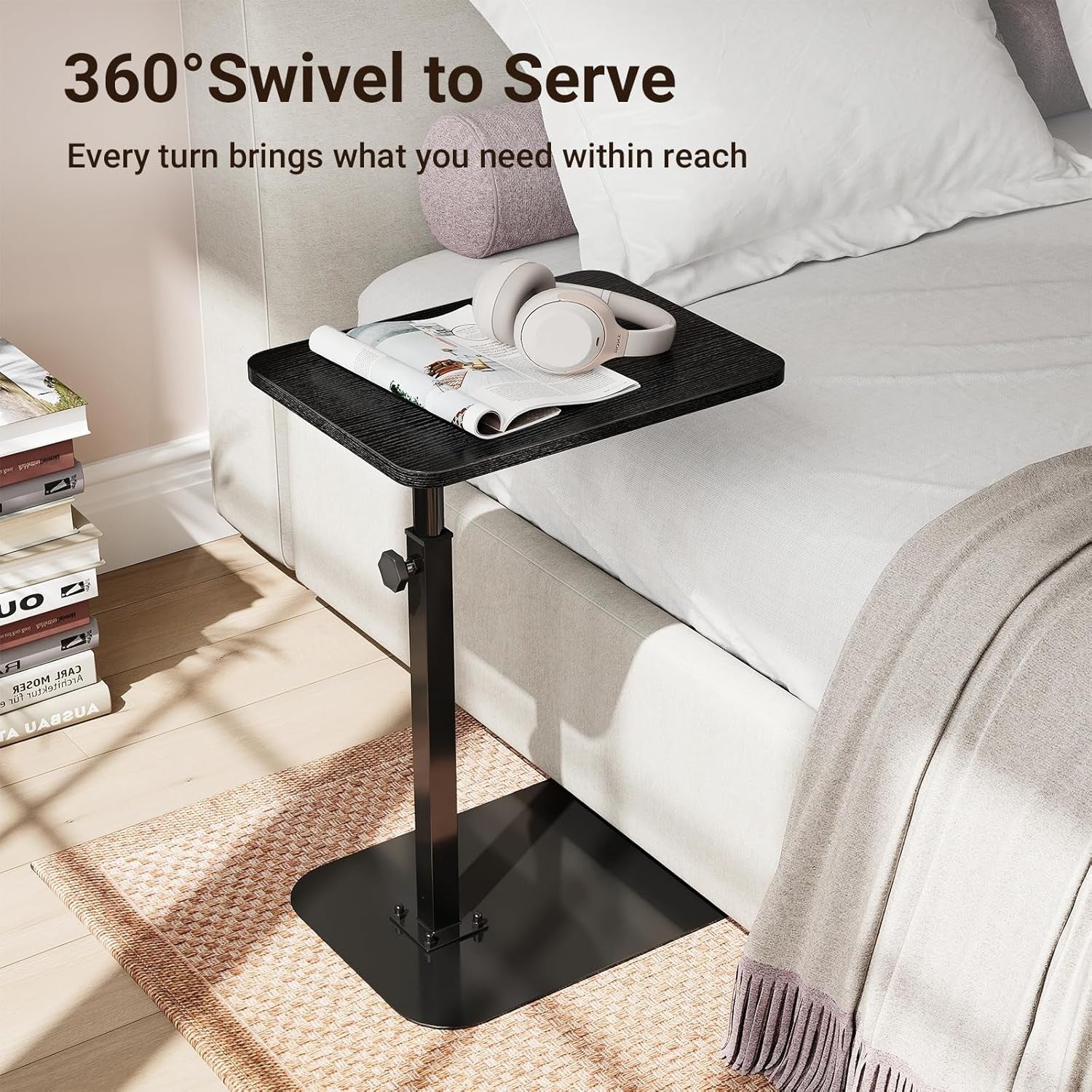 Height Adjustable C Shaped Side Table 360° Swivel Sofa Laptop Desk Black