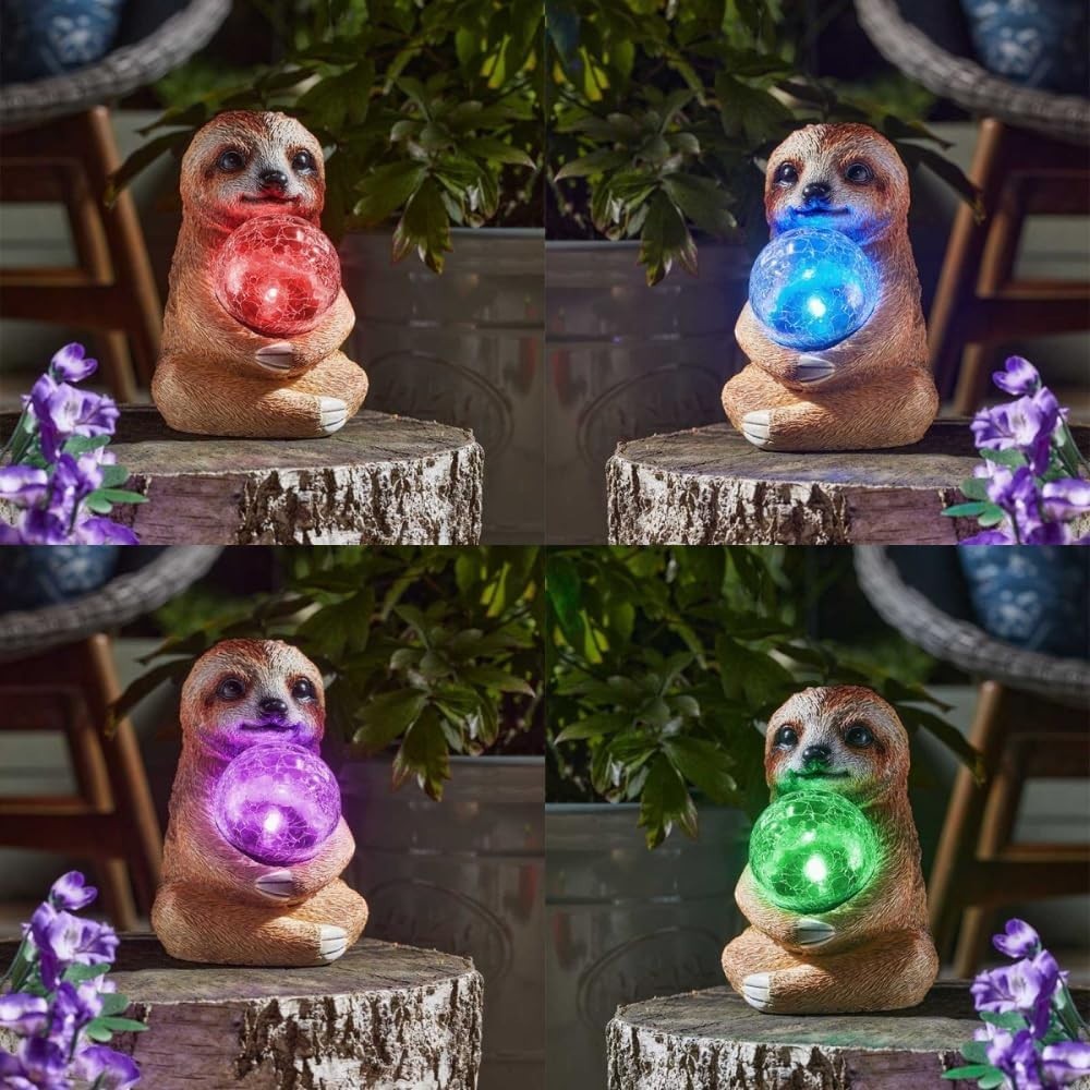 Solar Sloth Garden Ornament 37cm Crackle Ball LED Light Outdoor Patio Decor Gift