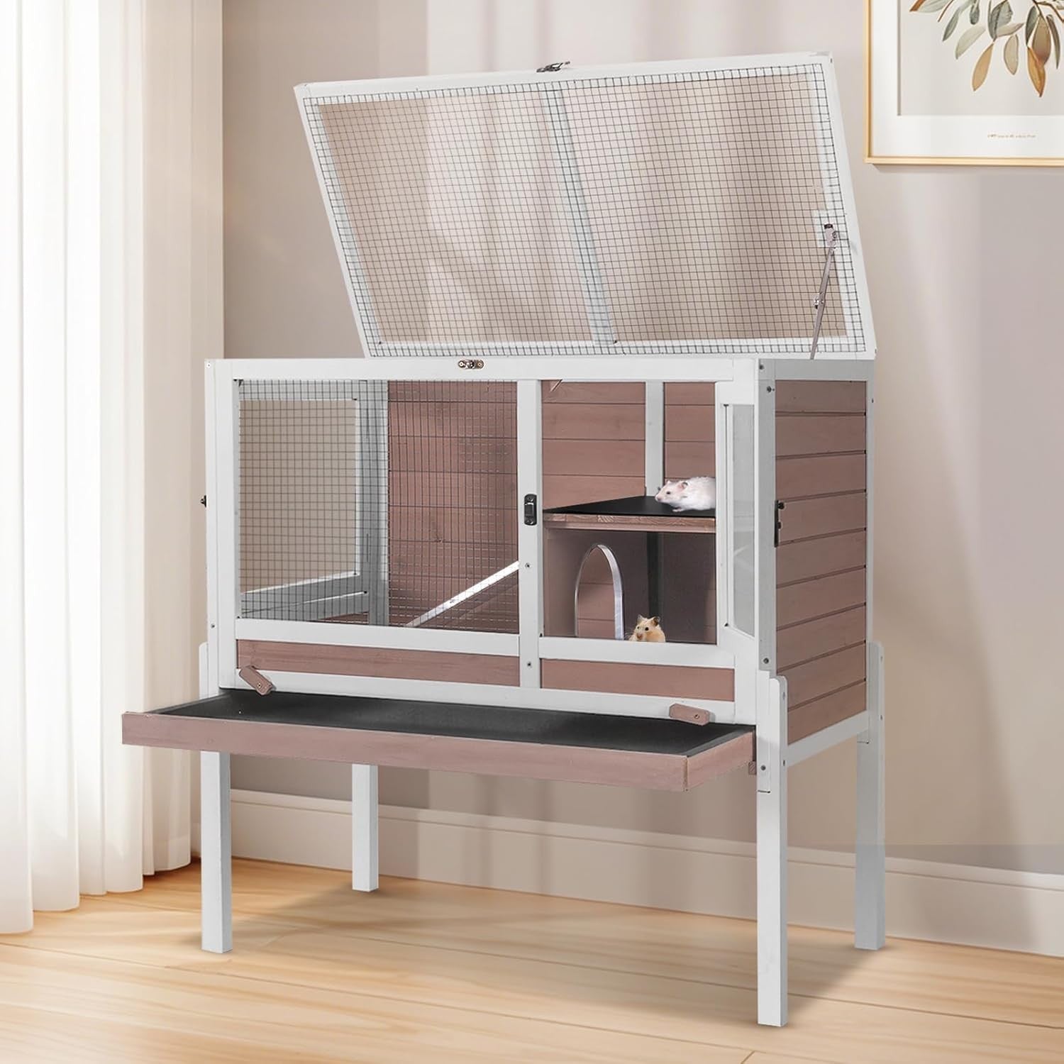 Indoor Guinea Pig Cage 2 Wooden Hutch with Stand Ramp