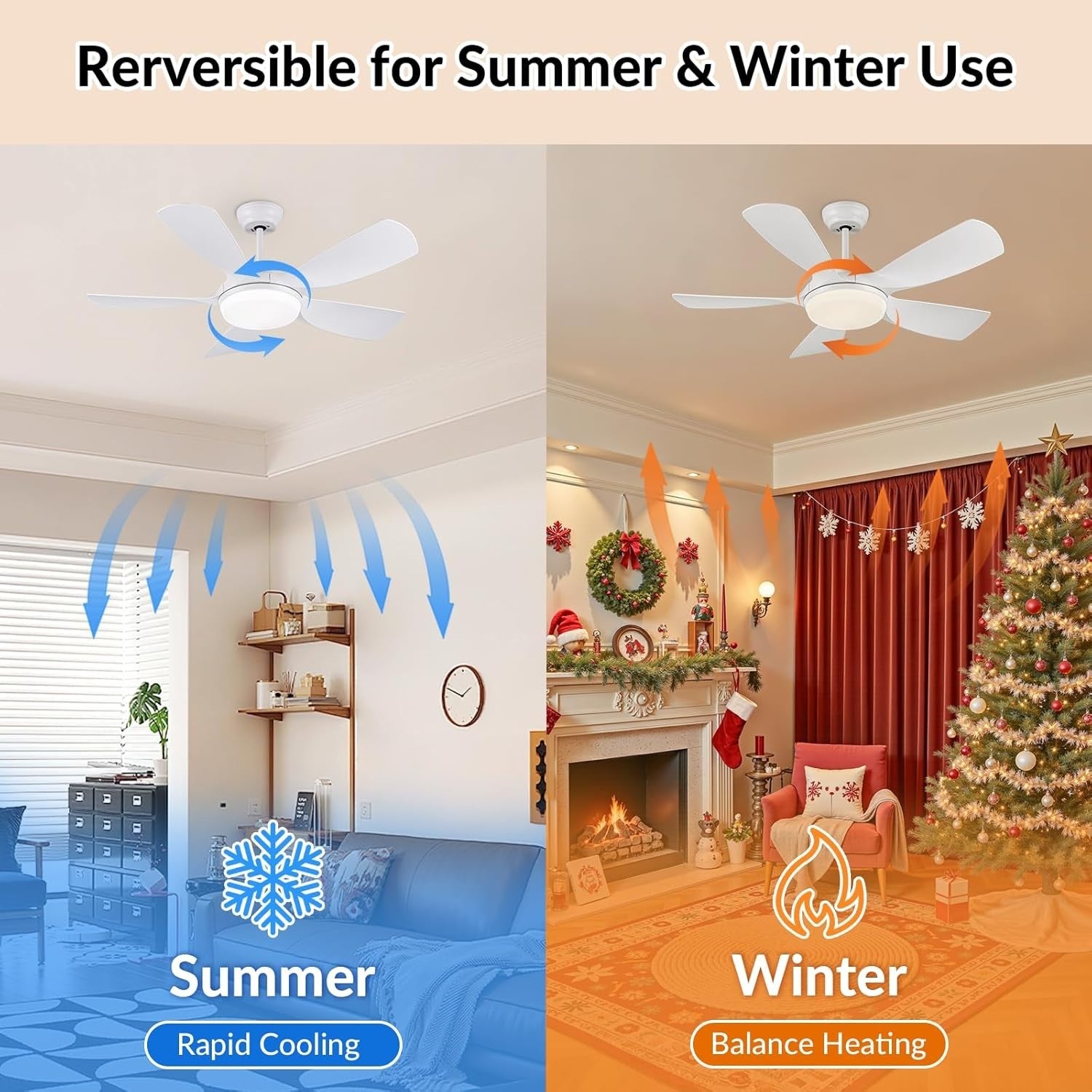 30" Ceiling Fan with Light, 5 Blades, Remote, Dimmable LED