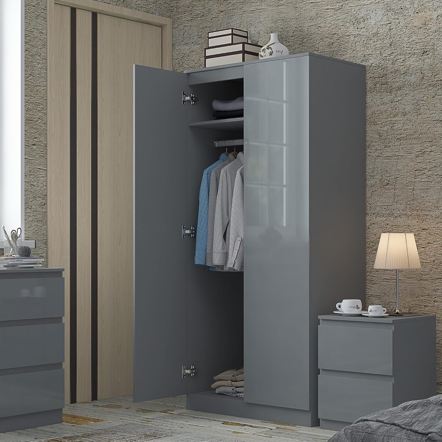 Modern 2 Door Bedroom Wardrobe Grey Gloss Storage Clothes Organizer H180xW80cm