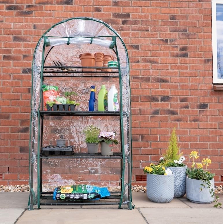 4 Tier Mini Greenhouse with Clear PVC Cover | Compact Outdoor Plant Shelving