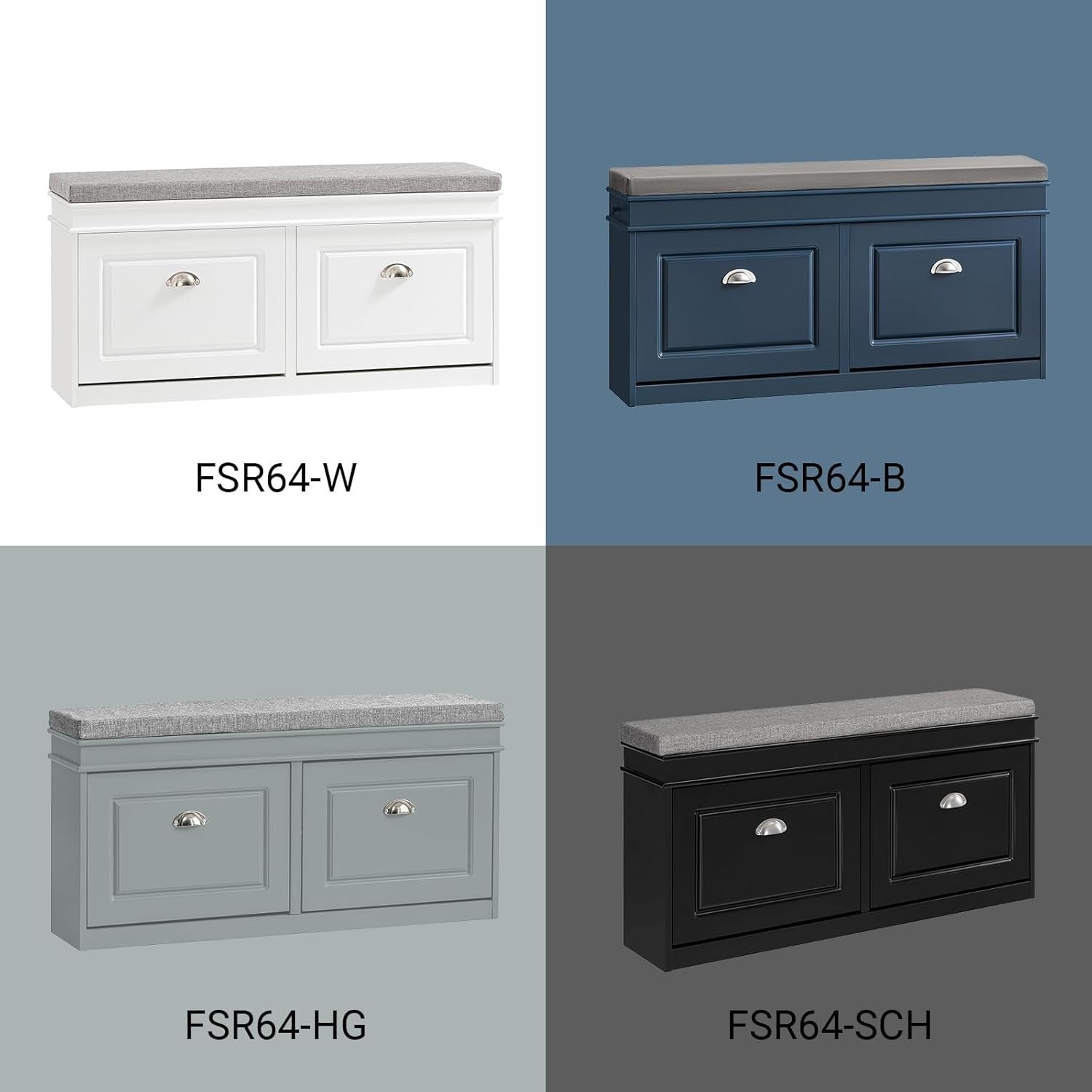 Black Shoe Storage Bench with Cushion Seat & Flip-Drawers – Slim Hallway Cabinet