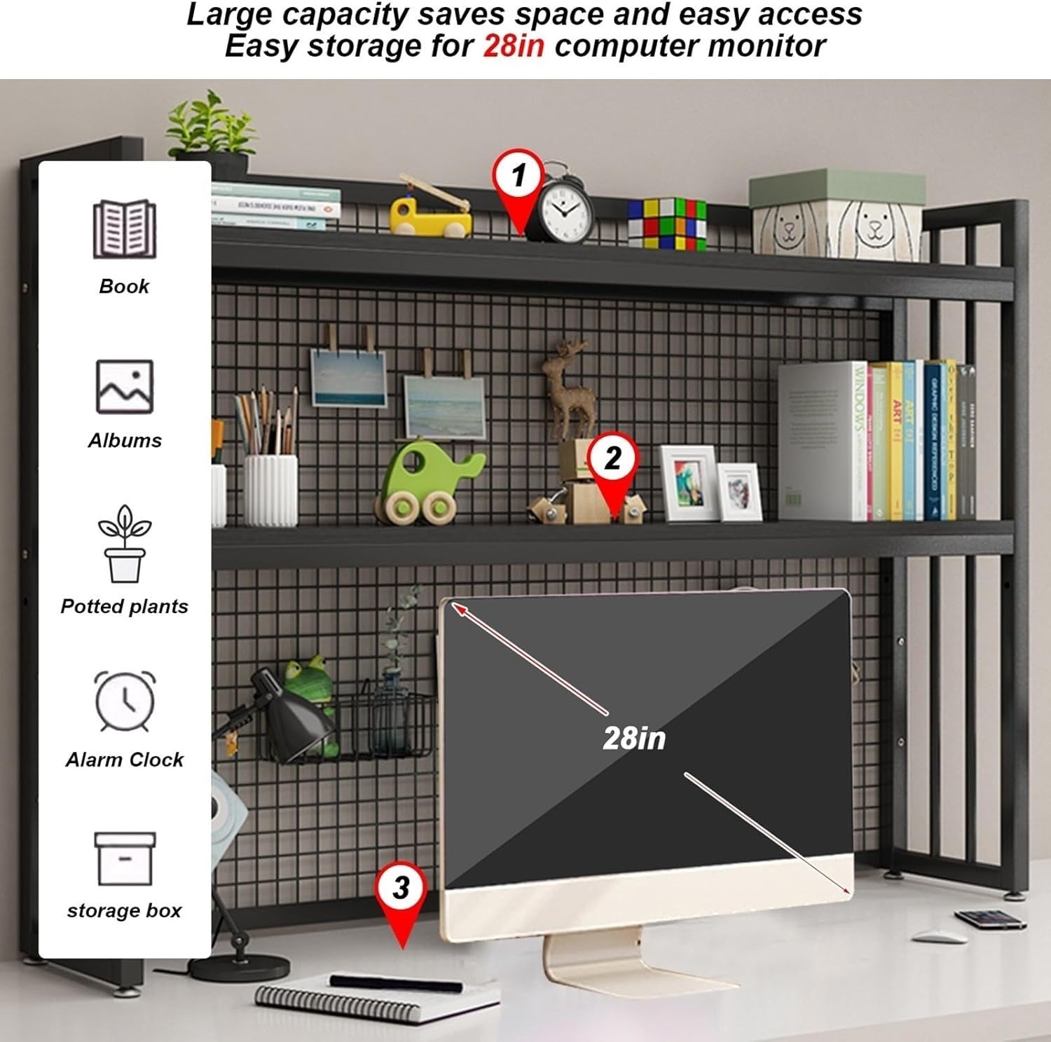 Adjustable Desktop Bookshelf 2-Tier White Industrial Monitor Riser Shelf 95cm