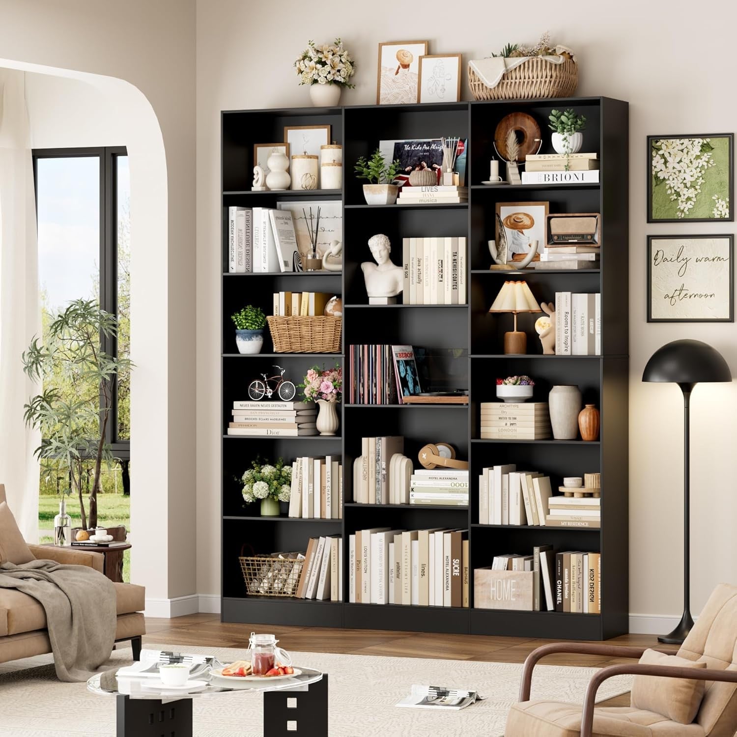Tall Black 6-Tier Bookshelf with 17 Compartments Modern Display Storage Unit