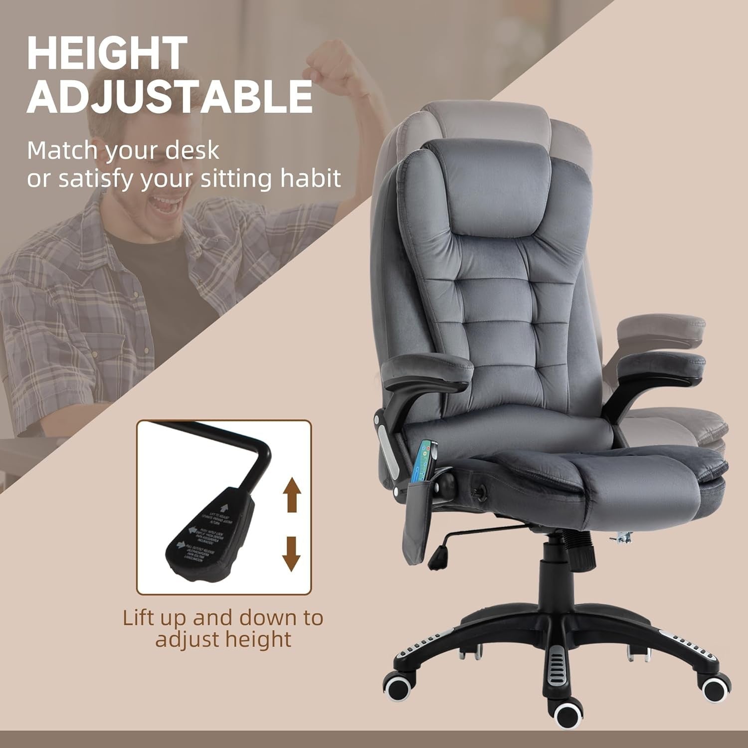 Heated Massage Office Chair 6 Point High Back Velvet Grey