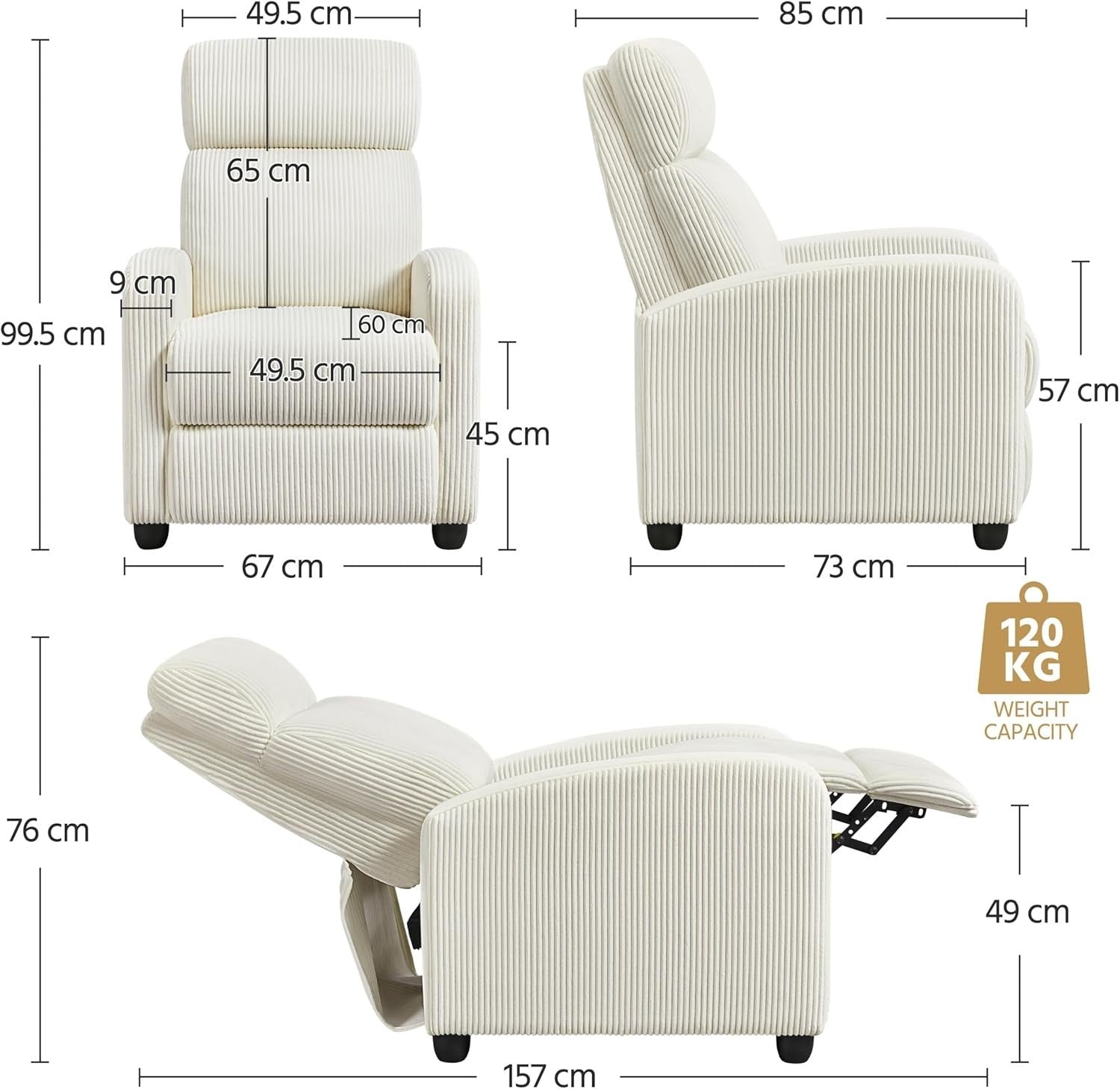 Recliner Armchair Corduroy Fabric Sofa Lounge Chair Home Theater Seat