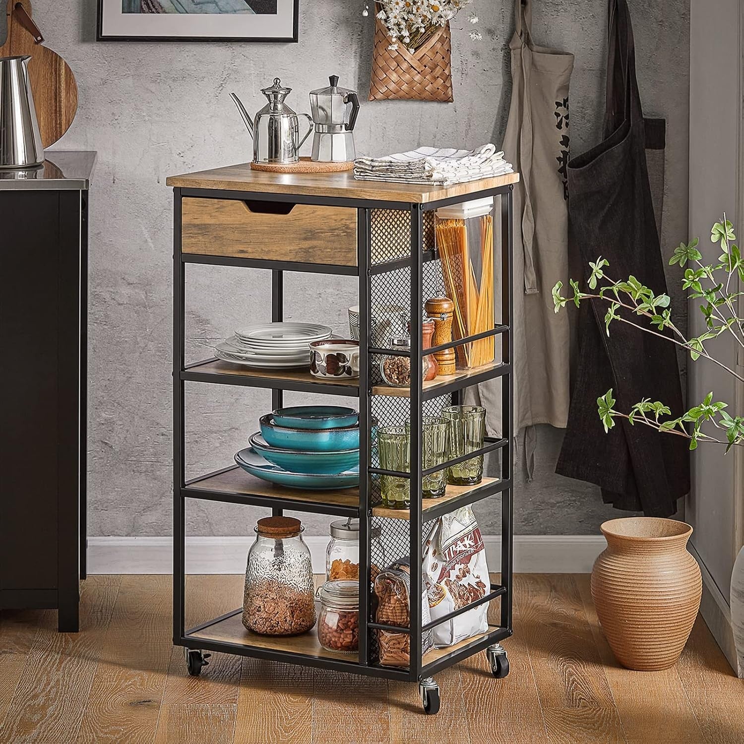 Industrial Kitchen Trolley on Wheels with Drawer 3 Shelves Storage Cart
