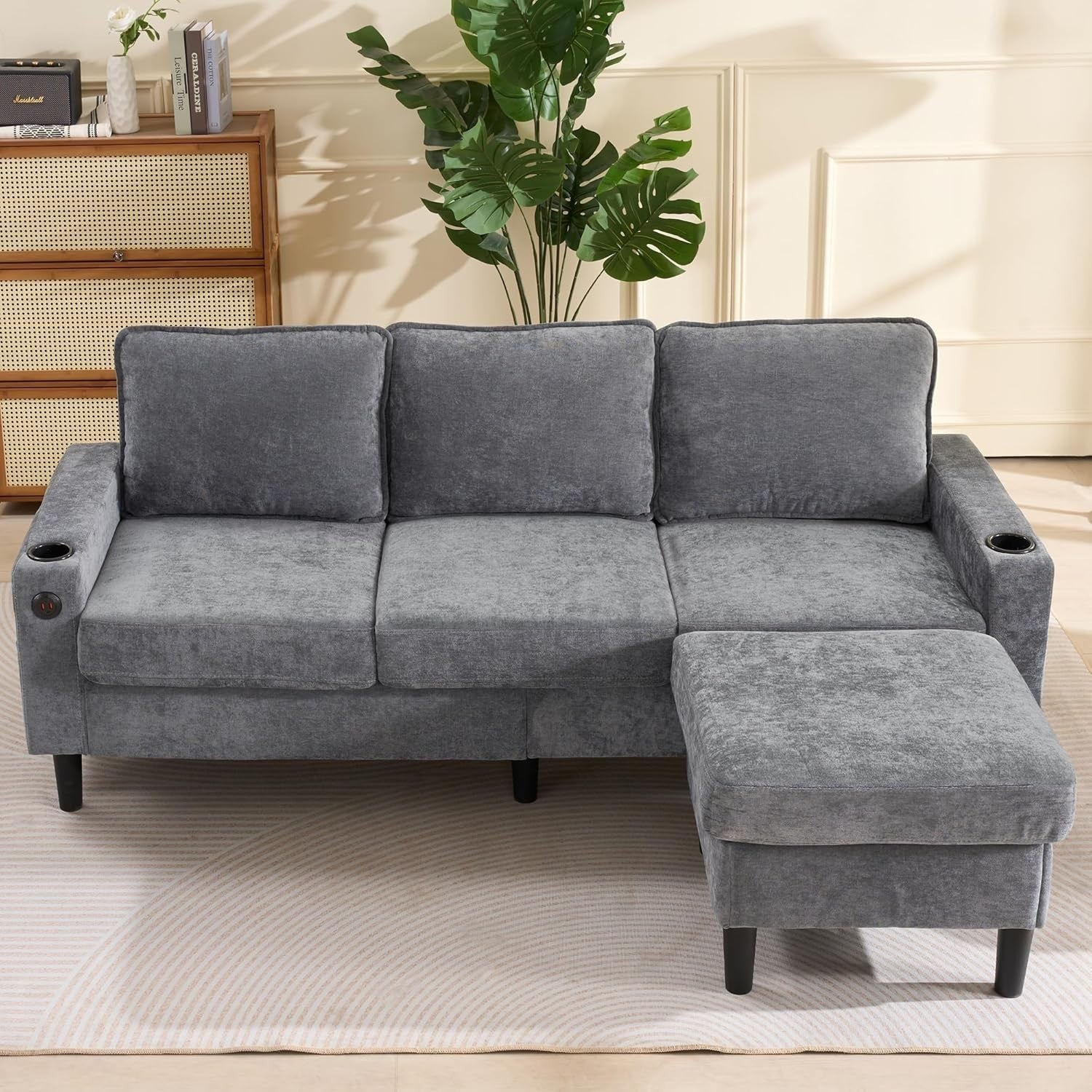 3-4 Seater Grey L-Shaped Sofa with Reversible Chaise, USB Ports & Cup Holders