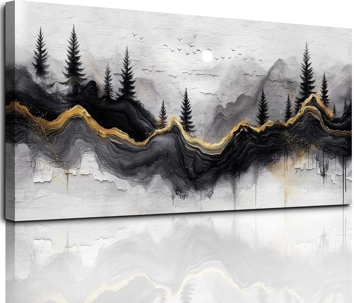 29"x57" Large Black Gold Abstract Forest Canvas Wall Art – XXL Decor
