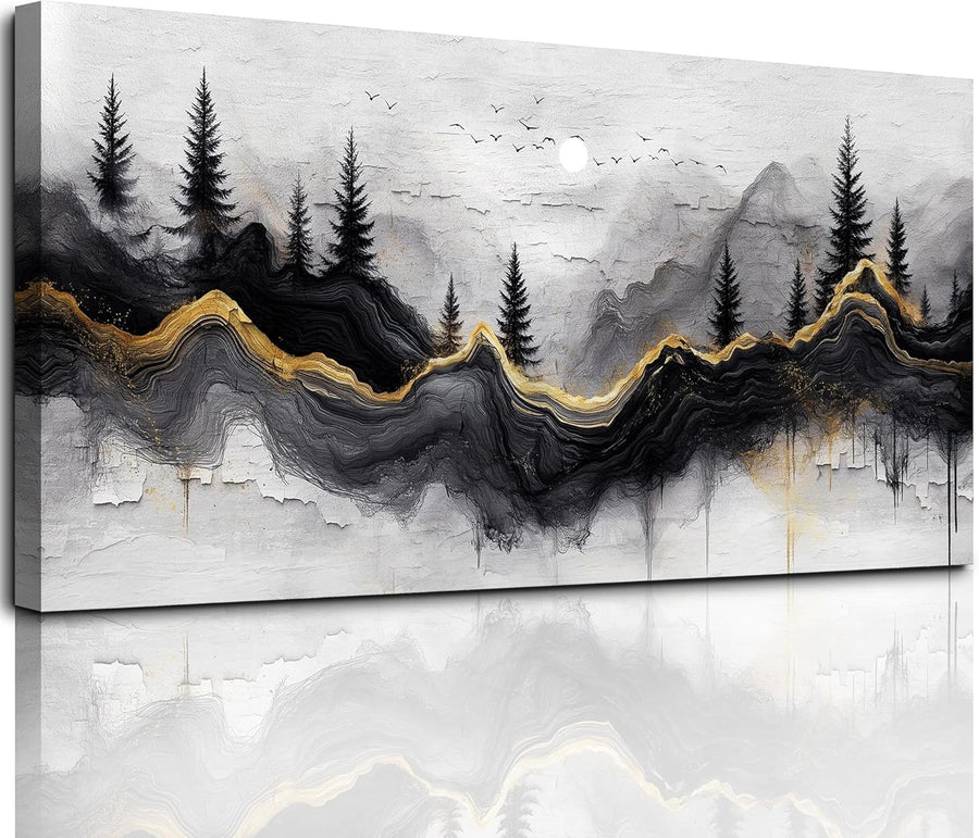 29"x57" Large Black Gold Abstract Forest Canvas Wall Art – XXL Decor