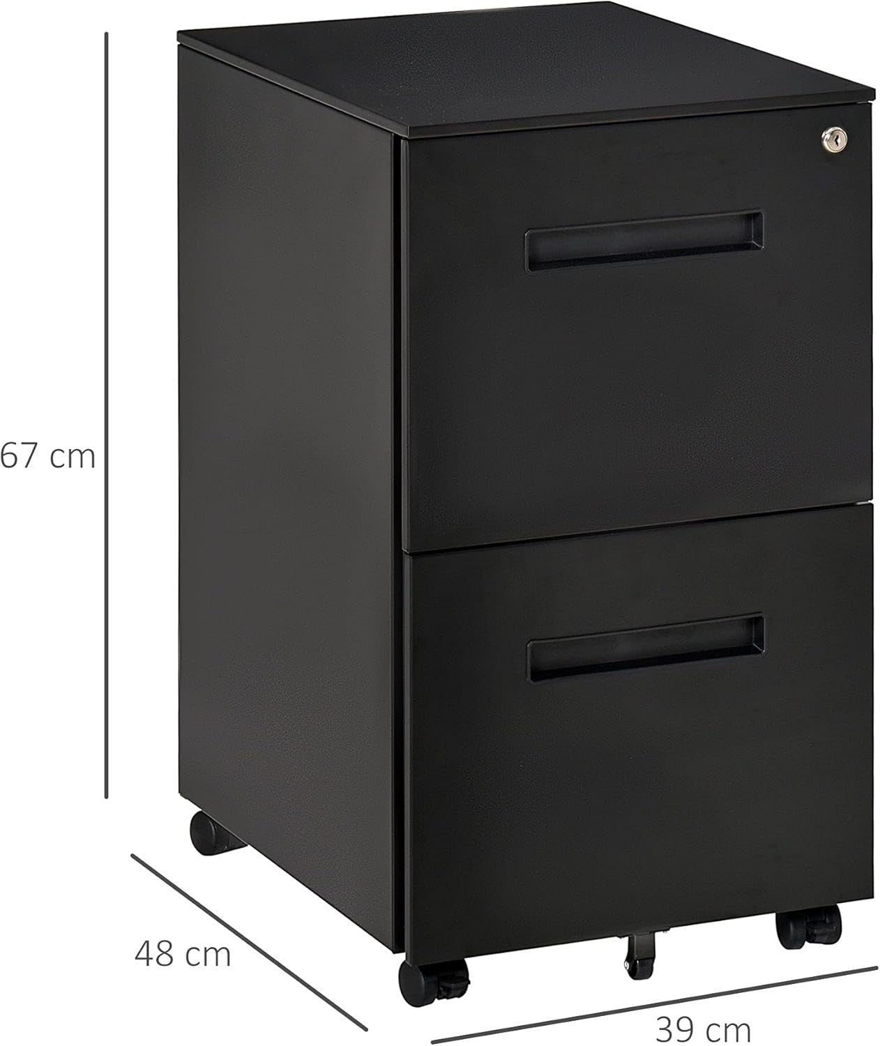 Black 2 Drawer Mobile Filing Cabinet Lockable Steel A4 Letter Under Desk