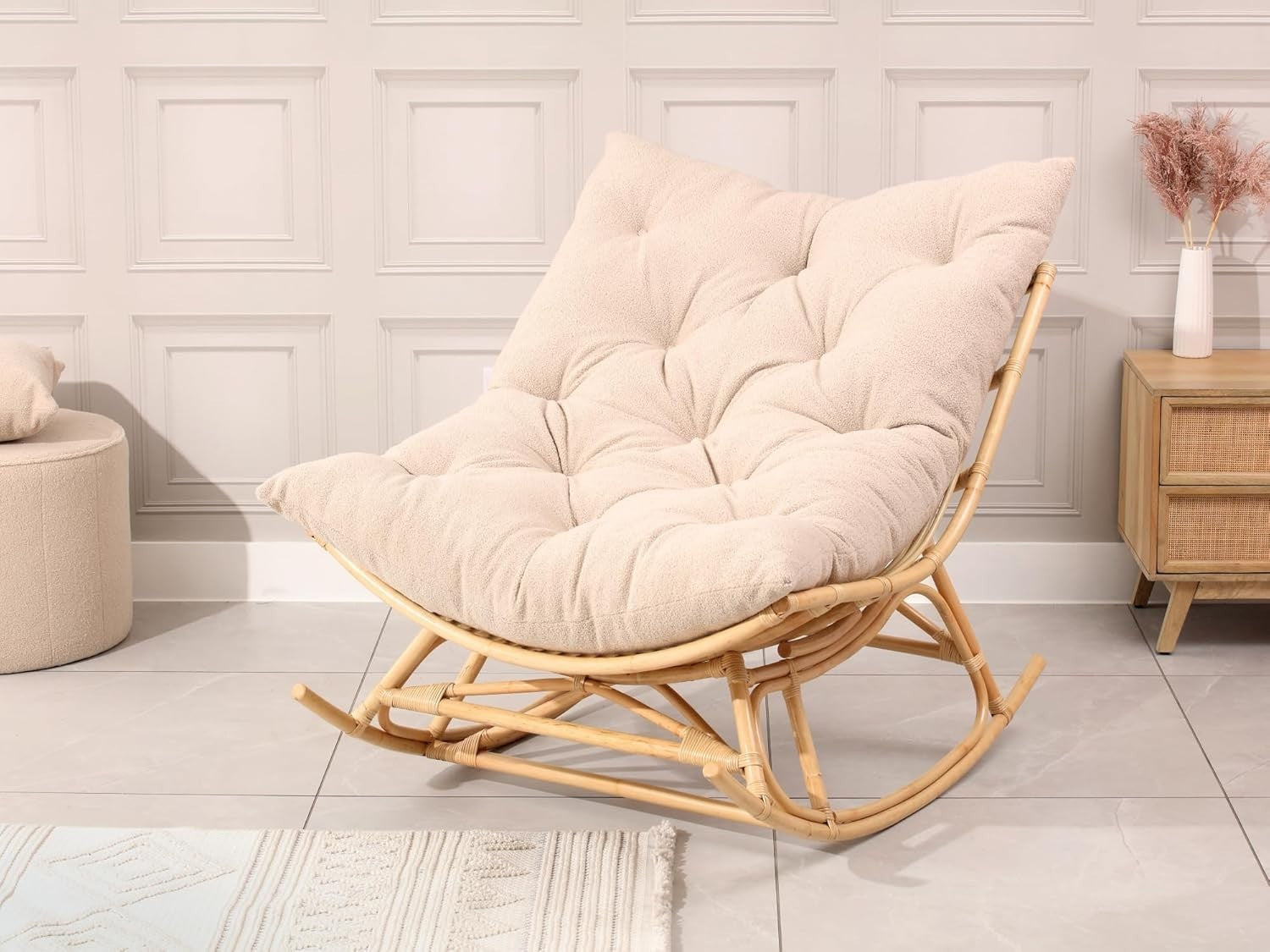 Rocking Papasan Chair Indoor Rattan Moon Chair with Cushion Adjustable Base