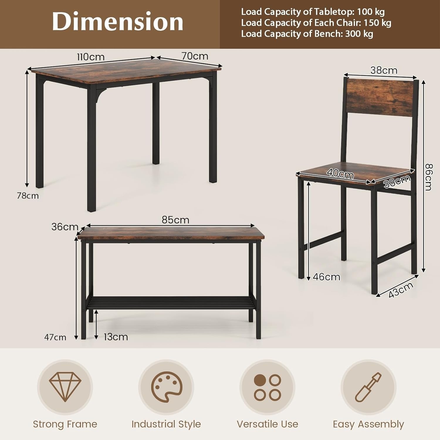 Rustic Brown Industrial Dining Set with Bench & Storage Shelf – Seats 4