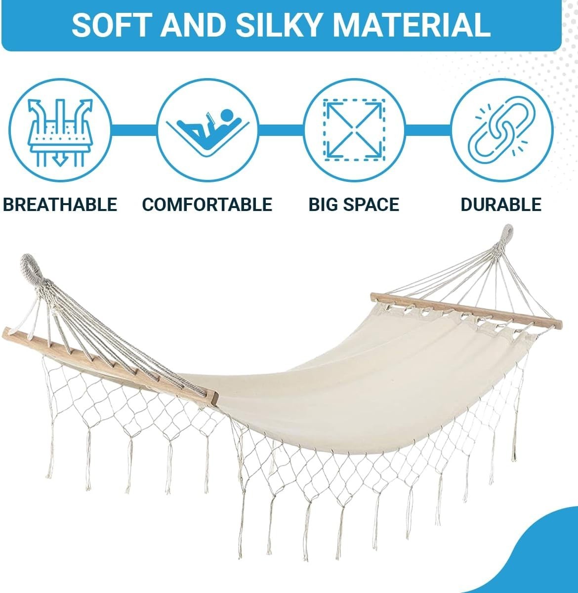 Beige Cotton Hammock with Fringe | Spreader Bar + Carry Bag | Solo Outdoor Swing