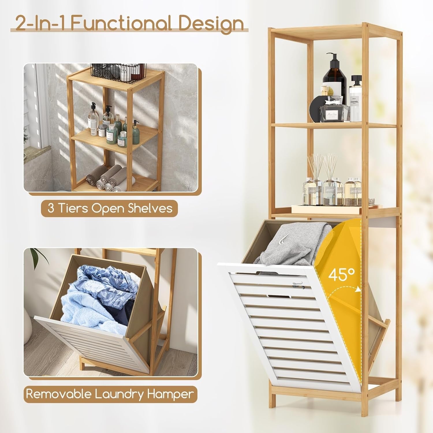 Bamboo Laundry Hamper with Shelves | Tilt-Out Basket & Removable Liner 130cm