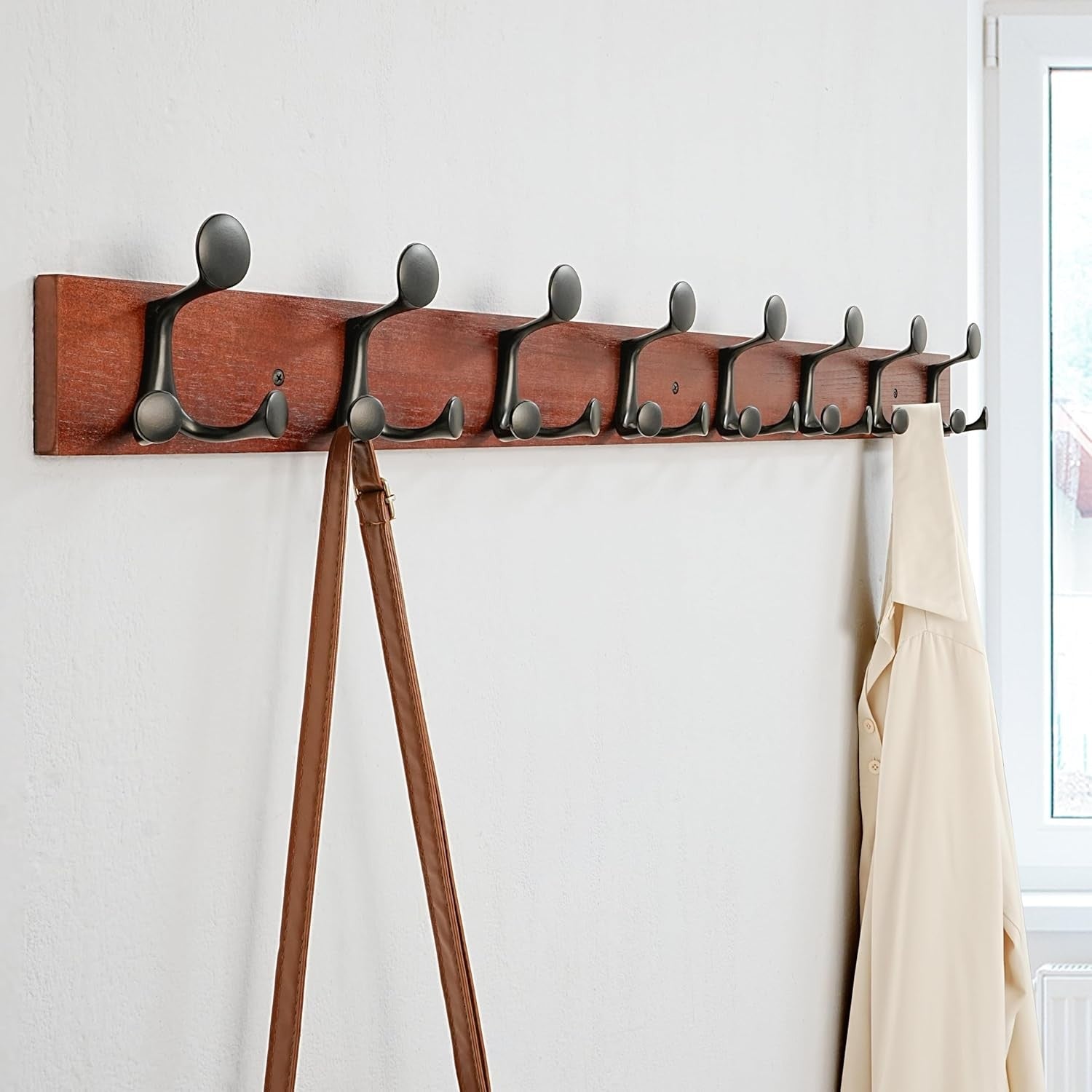 Cherry Wood Wall Coat Rack 8 Triple Hooks | 43” Hanging Rail for Coats