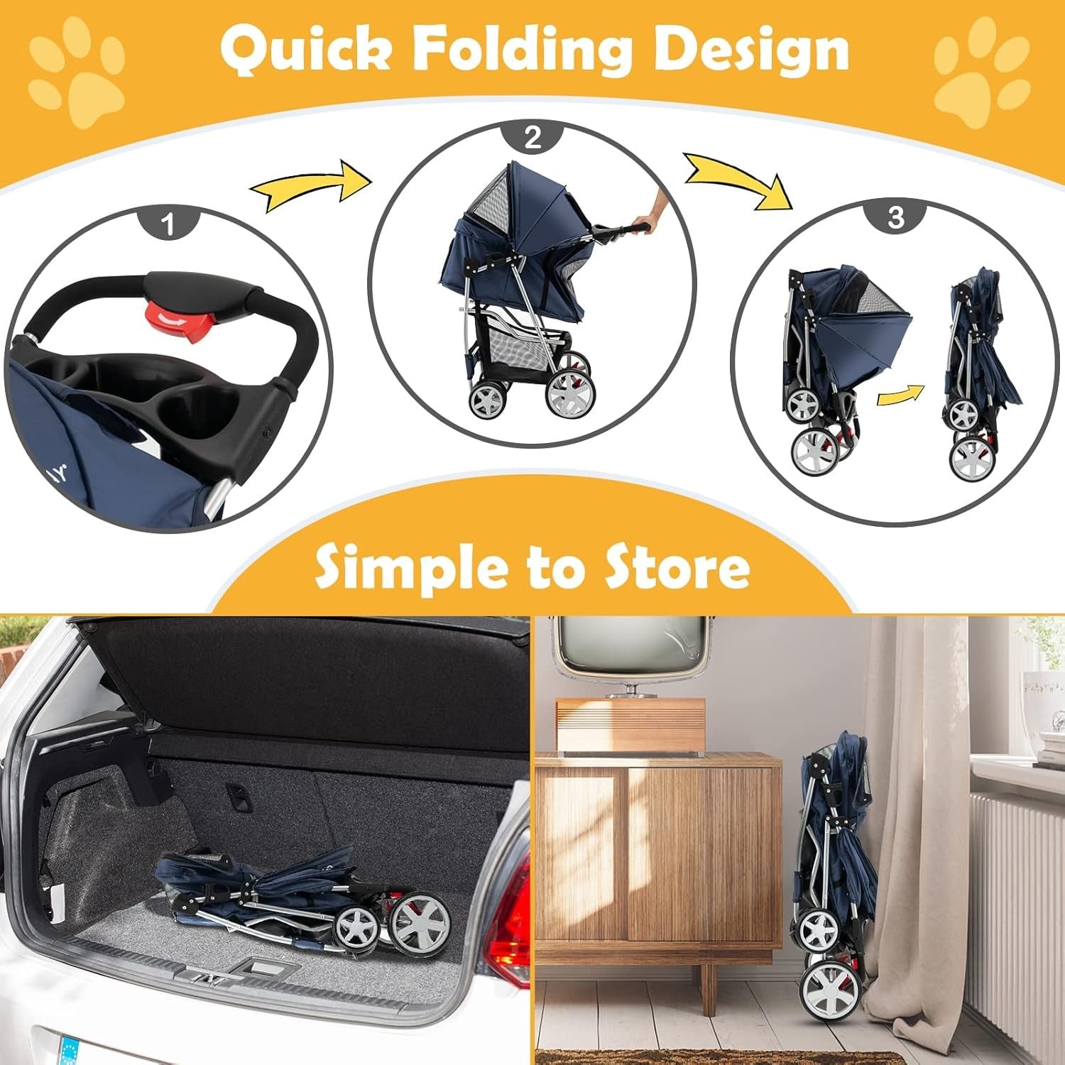 Pet Stroller Foldable Dog Cat Pushchair 4 Wheels Small Medium Pets 15kg