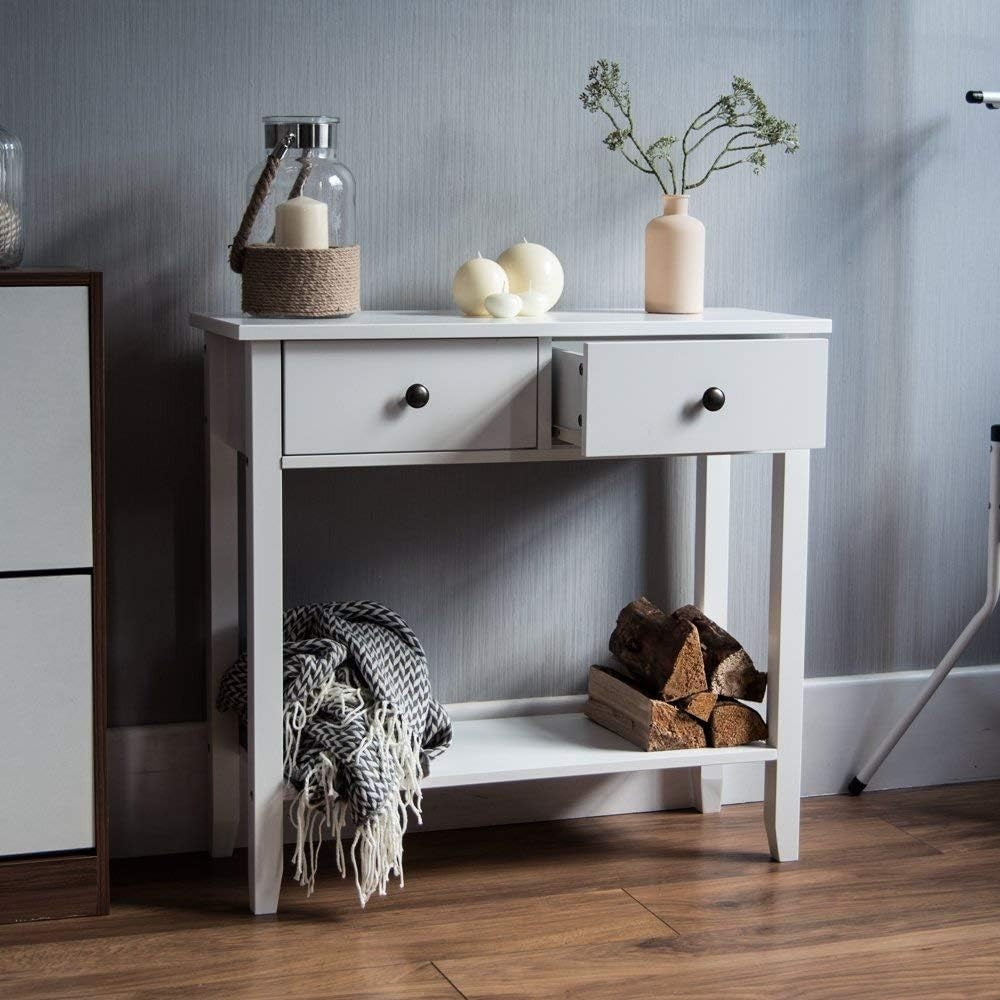 White Console Table with 2 Drawers & Undershelf – Sturdy Hallway Storage