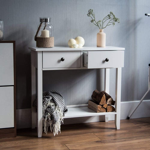 White Console Table with 2 Drawers & Undershelf – Sturdy Hallway Storage