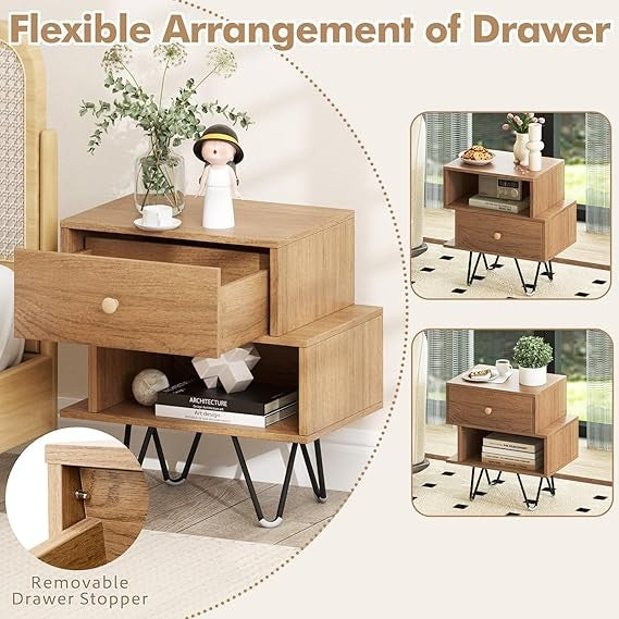Wooden Bedside Tables Set of 2 with Drawer & Shelf, Metal Hairpin Legs, Modern