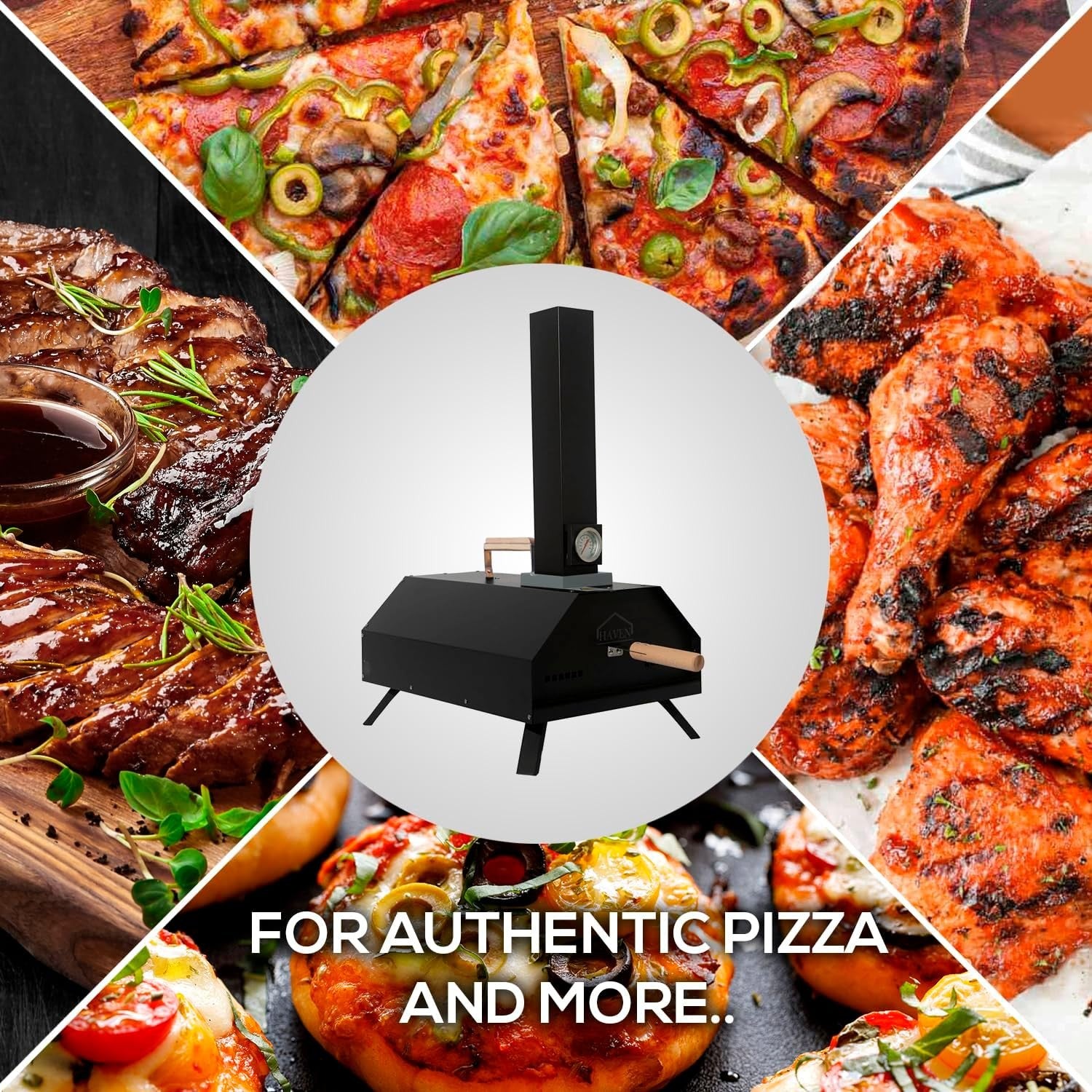 Outdoor Wood Fired Pizza Oven | Stainless Steel BBQ Grill with Stone & Thermomet