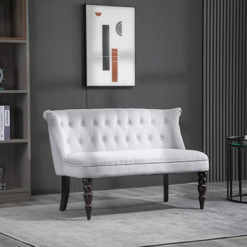 2 Seater Vintage Sofa Bench w/ Tufted Back & Carved Legs – Grey Velvet Look