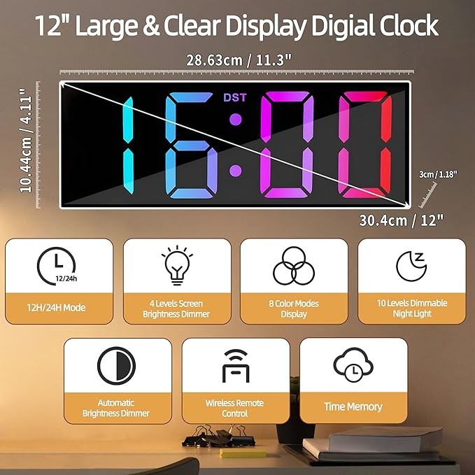 12" RGB LED Digital Wall Clock Large Display Auto-Dim Night Light Modern Bedroom