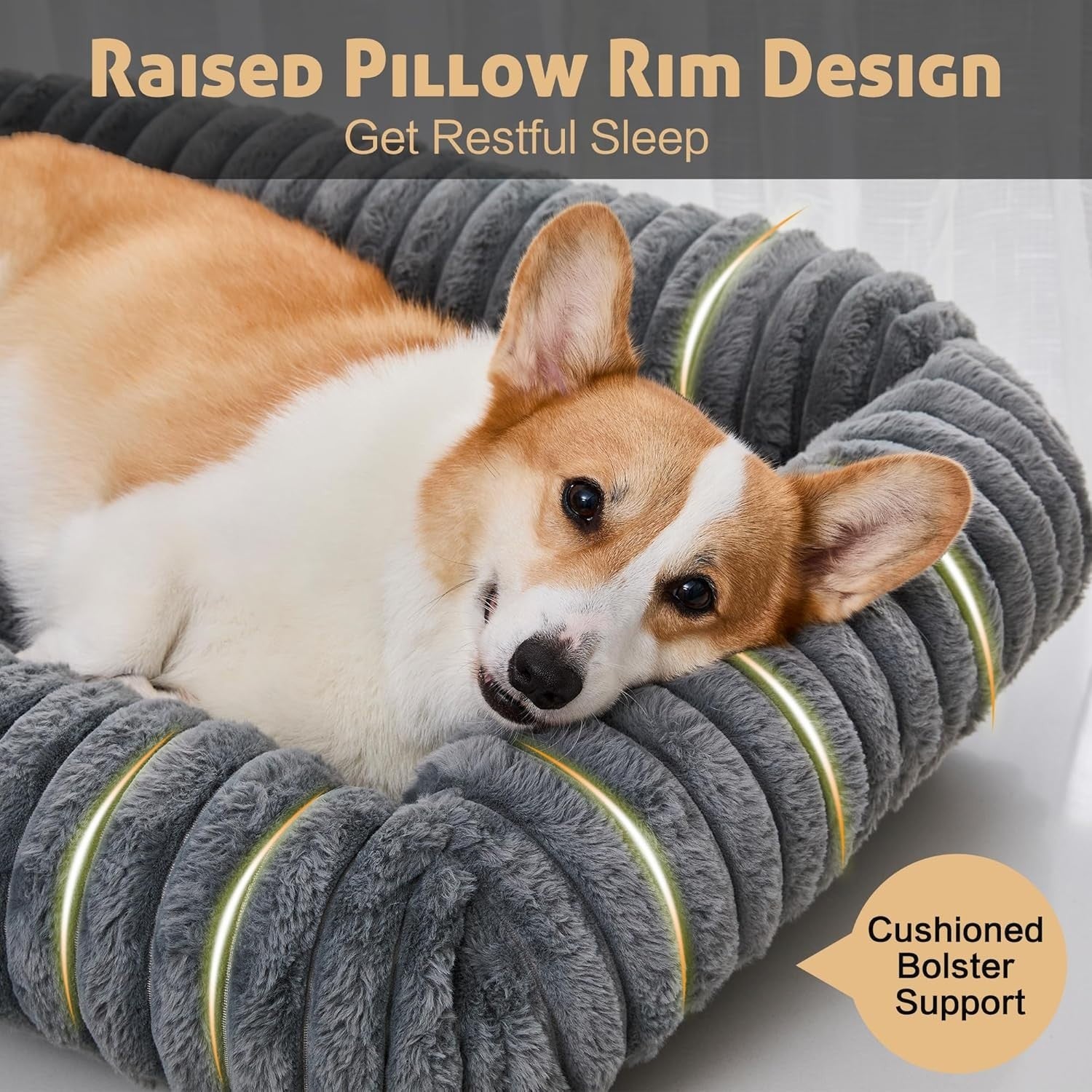 XL Orthopedic Dog Bed 35x25in Washable Furry Sofa Grey
