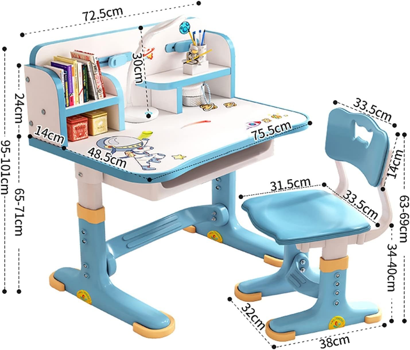 Kids Study Desk Chair Set Adjustable Height Table with Drawer Bookshelf Blue