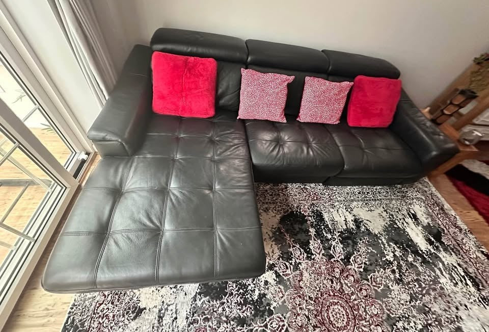 Italian Black Recliner Leather Corner Sofa L-Shape Sofa (PTP)
