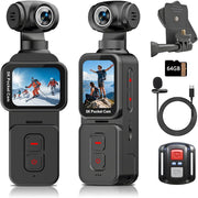 5K Body Camera Face Tracking POV Action Cam w/64GB Rotating Lens