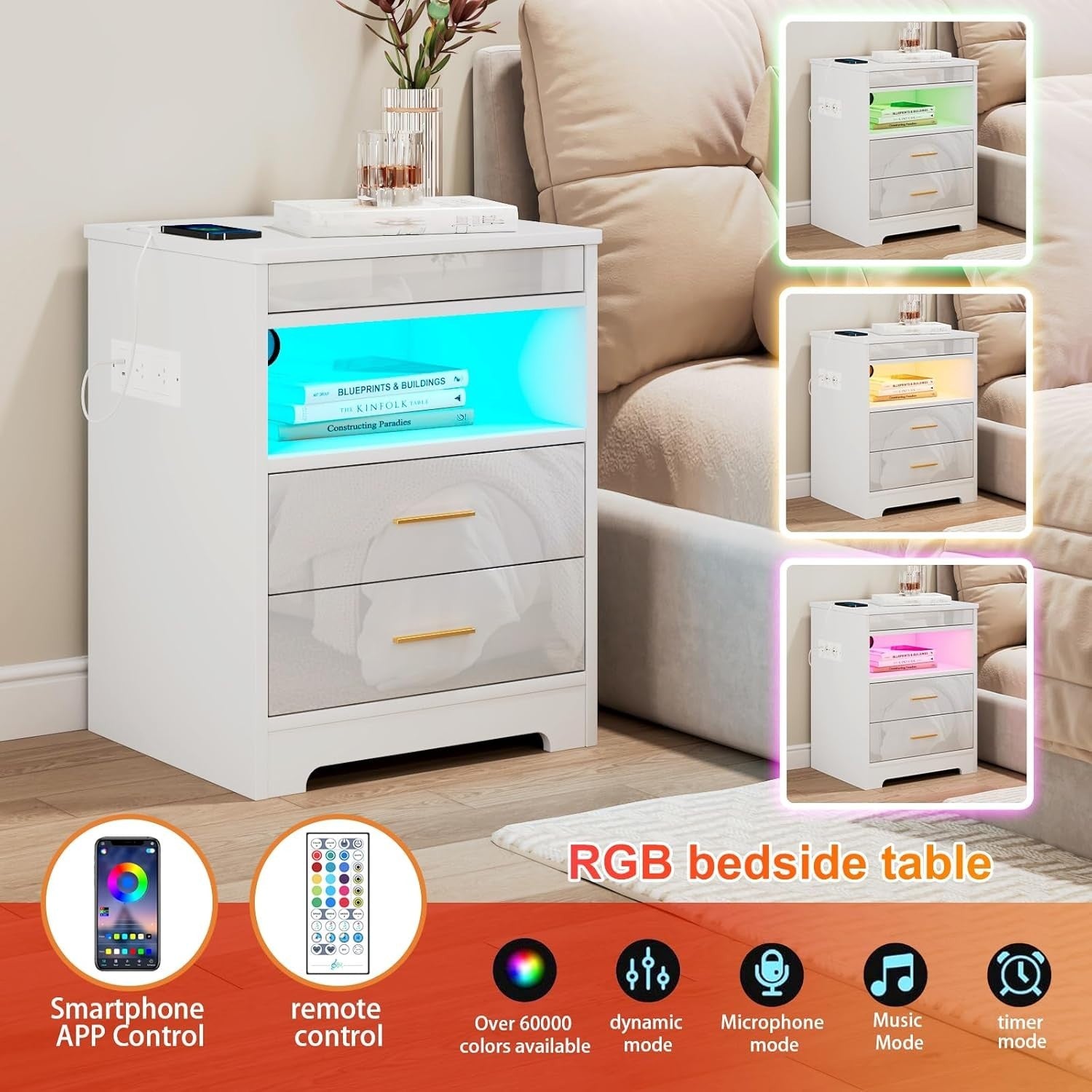 White LED Bedside Table with USB Charging Ports, Lockable Drawers & RGB Lights