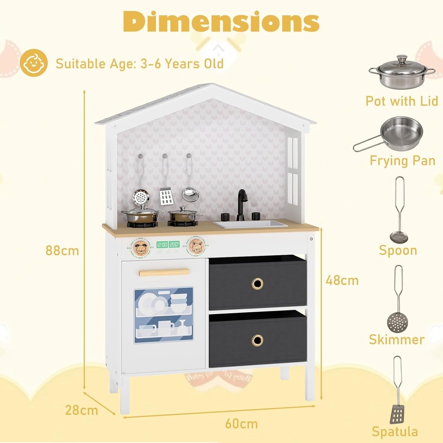 Wooden Kids Play Kitchen White w/ Dishwasher Sink Pots Role Play