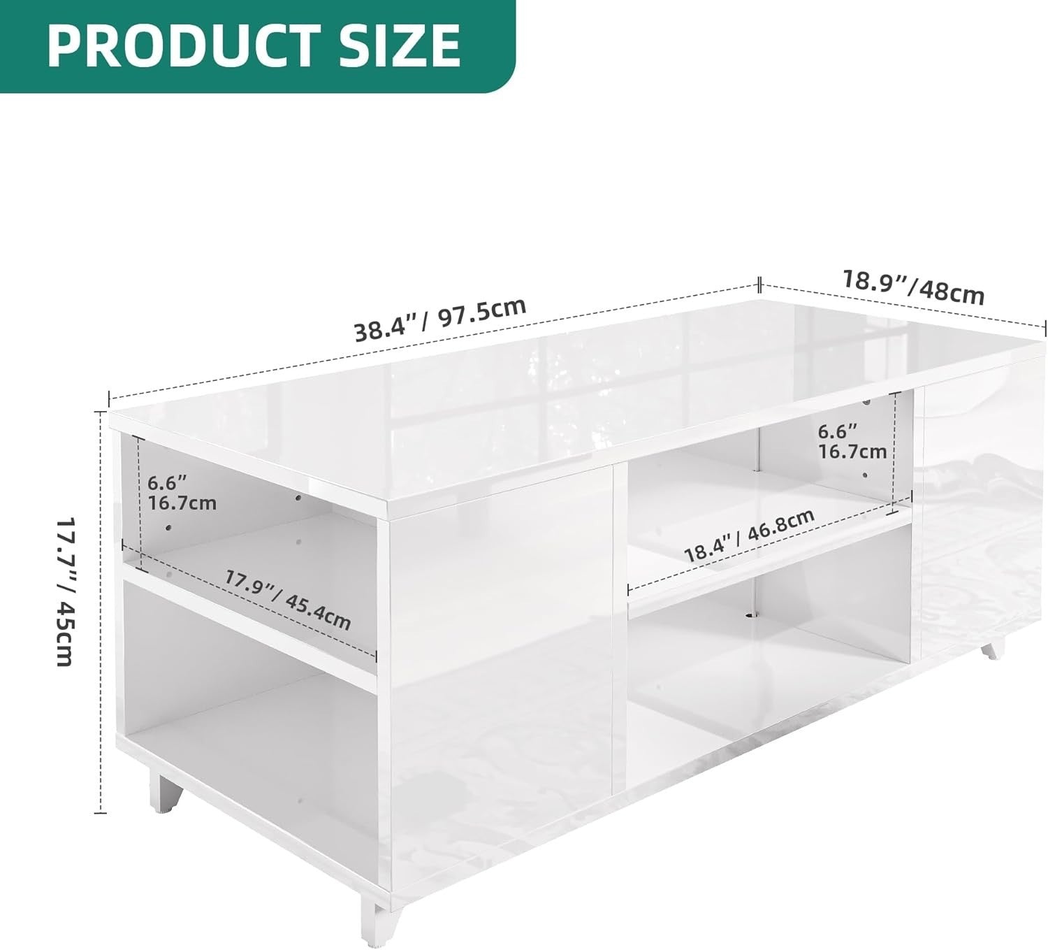 White High Gloss LED Coffee Table with Adjustable Storage, 97.5x48cm
